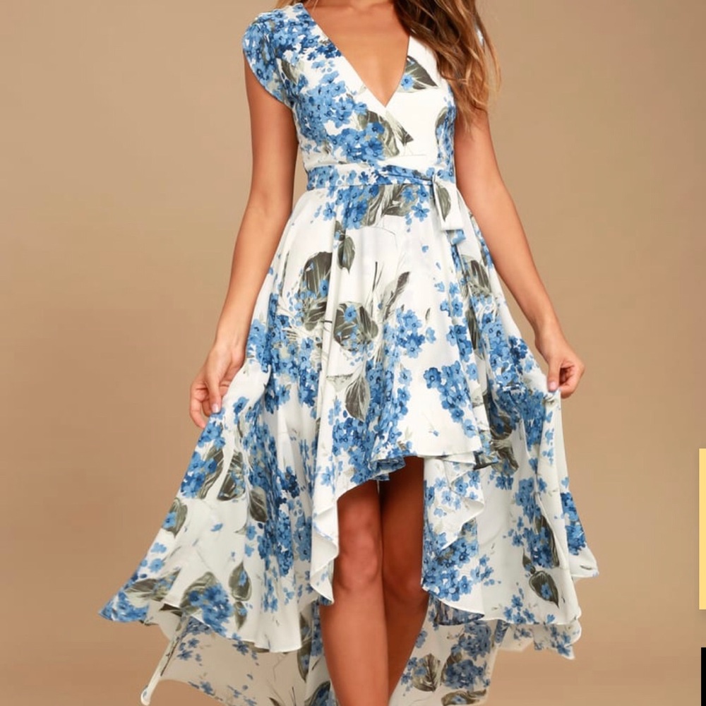 White & Blue Floral Print High-Low Dress
